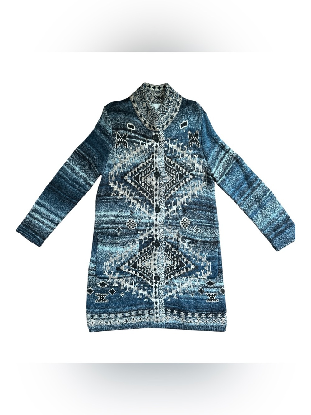 NWT J. JILL Women's Indigo Aztec Cardigan Sweater Full Button Sz Med